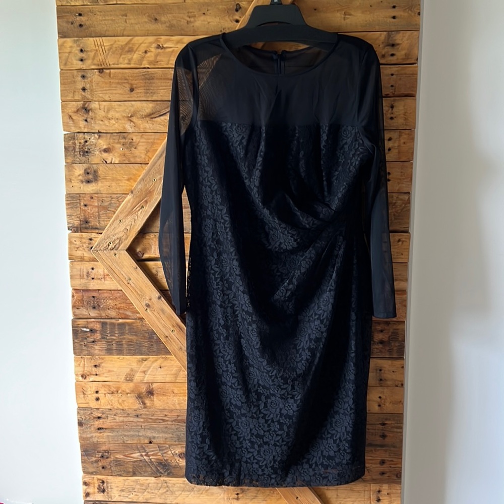Chaps Black Long Sleeve Lace Sheer Yoke Dress